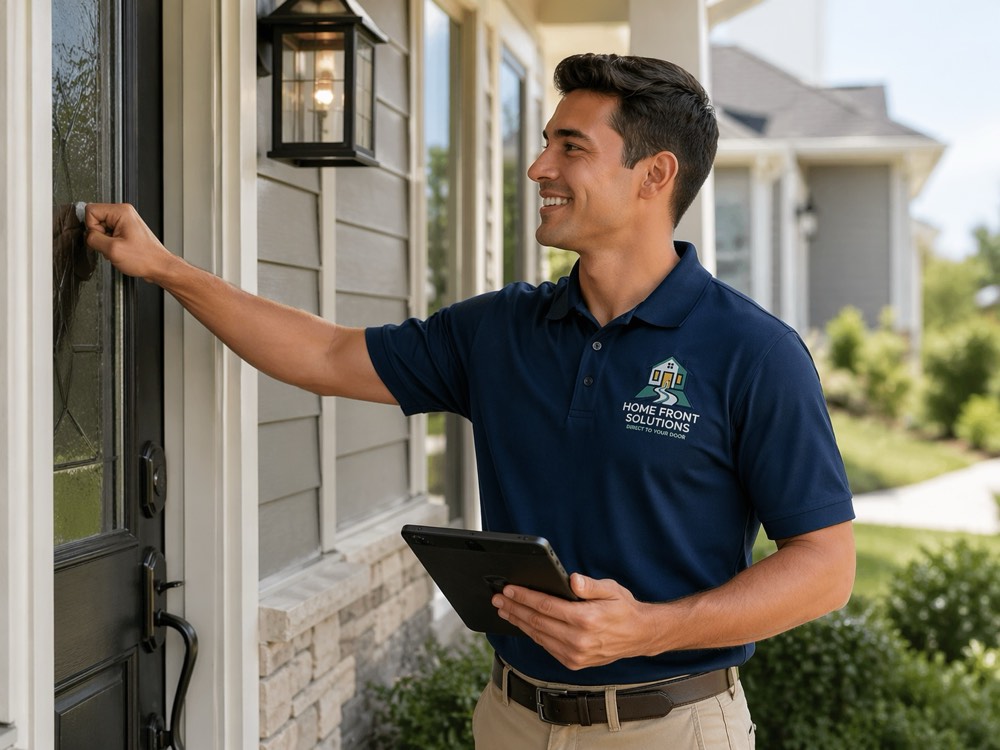 A Home Front field representative speaking with a homeowner at the door